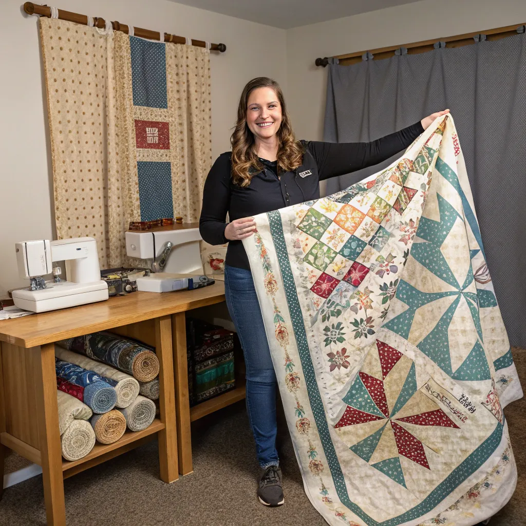 Sophia Carter displaying her sewing projects